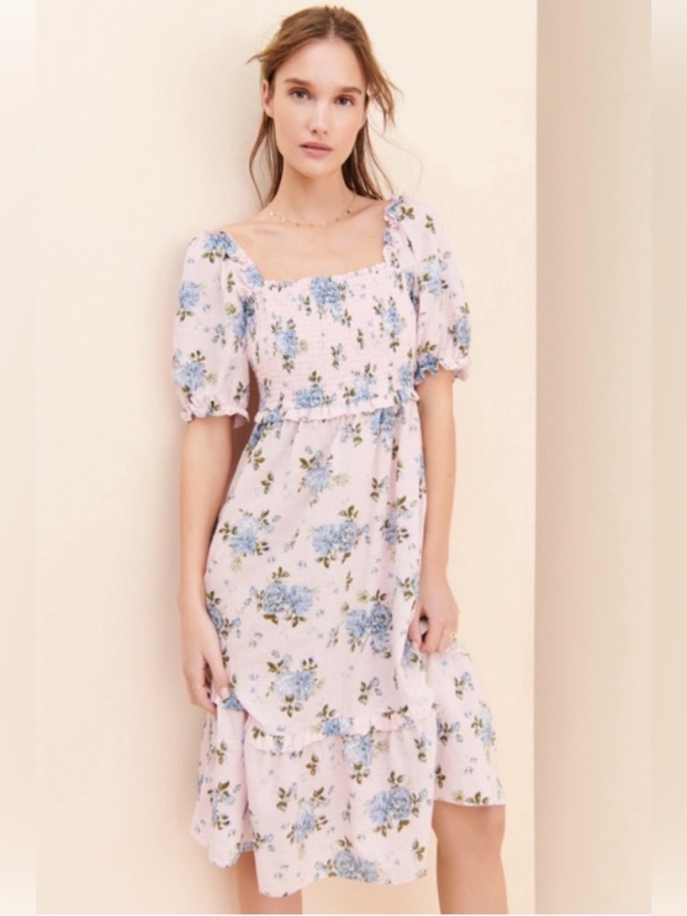 Gal Meets Glam Pink Midi Dress with Blue Floral Print